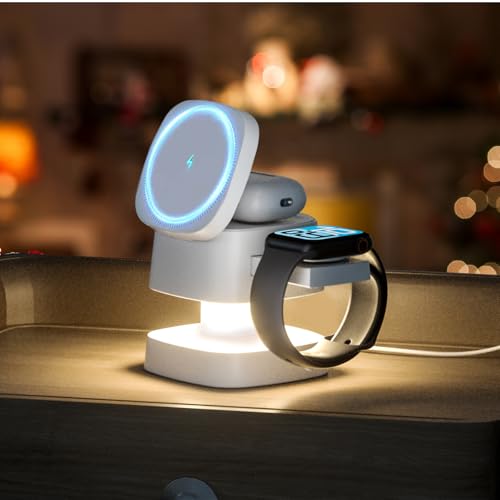 【2026 Upgraded】4 in 1 Wireless Charger, 3 in 1 Wireless Charging Station with Night Light for MagSafe Charger, 15W Magnetic Travel Stand for iPhone17/Air/Pro/Max/16/15/14/13/12, Apple iWatch, Airpods - color: white