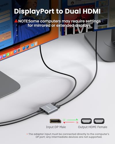 4K 60Hz DisplayPort to Dual HDMI Adapter, MST Splitter for Dual Monitor Extender, Supports Extended & Mirror Mode, Plug and Play, USB Power Cable Included