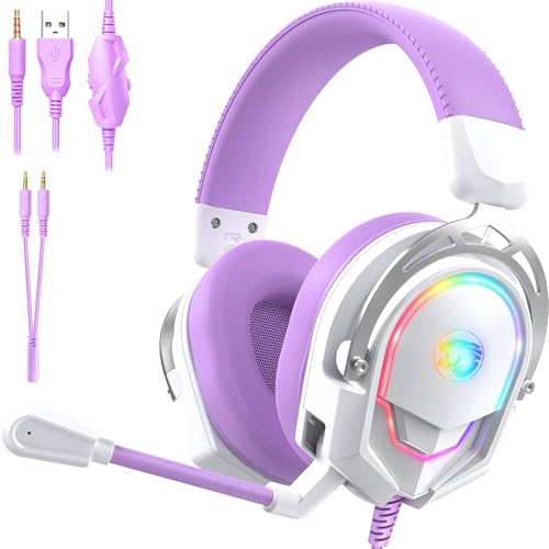 K98 Wired RGB Gaming Headset with Mic, Over Ear Gaming Headphones, 50mm Neodymium Drivers, Noise Isolating Microphone, Memory Foam Cushions, Aluminum Alloy Frame for PC, PS5, PS4, Xbox, Switch - color: White/Purple RGB