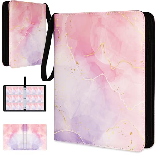 Card Binder, Holds 1080 Cards, 9-Pocket Pink Marble Trading Card Binder | 60 Removable Double-Sided Pages, Splash-Resistant Cover, Zipper & Wrist Strap for Unsleeved & Penny-Sleeved TCG, Sports Cards - color: Pink, size: 9 Pockets