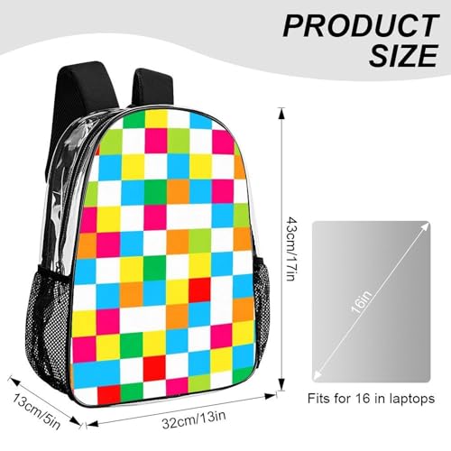 Clear Backpack with Mesh Pockets Stadium College Work | Stadium Approved, Colorful Checkerboard Print, Transparent, PVC See Through Bag for Beach Towels Seaside Sand Water - color: Pattern (507)