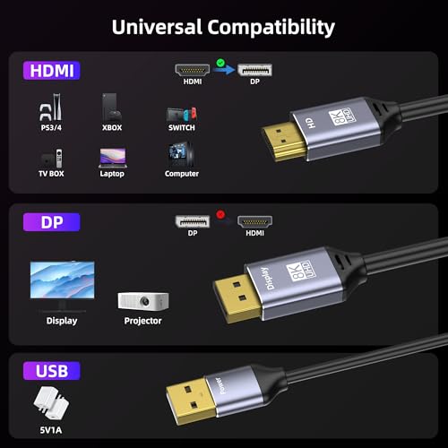 8K@30Hz HDMI to DisplayPort Cable 4K@144Hz, for PS5 Xbox Discrete GPU | HDMI 2.1 to DP 1.4, USB Power for Stable Signal, Aluminum Shell with Vents, for Laptop Discrete GPUs Xbox PS5
