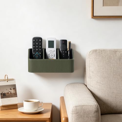 No Drill PU Leather Wall Remote Holder, 3 Compartments Storage Caddy for TV AC Remotes, Pens, Eyeglasses, Home Bedroom Bathroom Office (Stylish Green Fine Ribbed) - color: Stylish Green Fine Ribbed