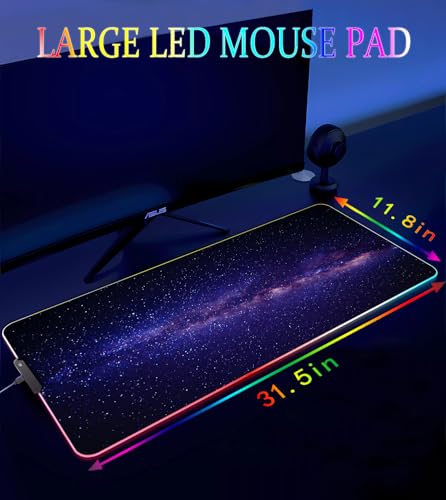 RGB Gaming Mouse Pad, Large Mousepad with Led Light, Gaming Accessories Keyboard Pad for Desk, Non-Slip Rubber Base Big Mouse Mat for Gamer, 31.5 X 11.8 Inch, Black Gold Mountain - color: 09 Purple Space