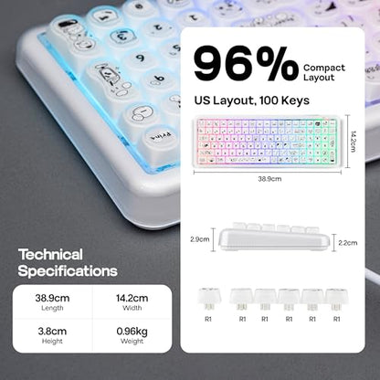 MechLands X Maorbeng X100 PRO Membrane Gaming Keyboard with Number Pad, RGB Backlits, Wireless Computer Keyboard with 5000mAh Battery, BT/2.4G/USB-C Wired, 96% Layout for Windows/Mac/PC (White) - color: White