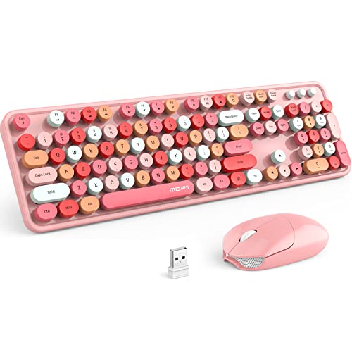 MOFII Wireless Keyboard and Mouse Combo, Pink Wireless Keyboard, 2.4GHz Retro Full Size with Number Pad & Cute Mouse for Computer PC Laptop Windows XP/7/8/10 (Pink-Colorful) - color: Pink Colorful-B