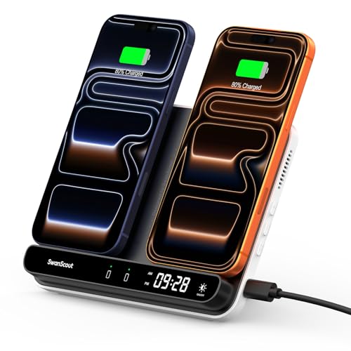 Dual Phone Foldable Wireless Charging Station for iPhone, Galaxy, Pixel | Dual phone charging, Foldable portable stand, Dimmable clock, Case friendly, Raised charging area, flat mode for earbuds, 504 - color: Black