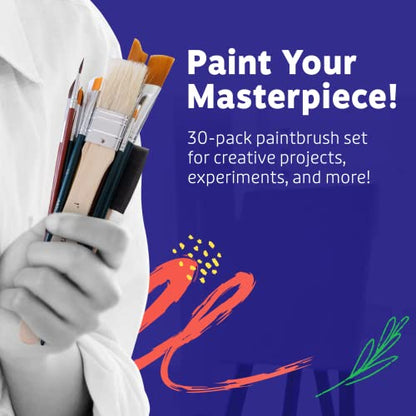Artlicious Paint Brushes - Acrylic Paint Set and Detail Paint Brushes for Kids - Use with Craft, Watercolor, Oil, Gouache Paints, Face Art, Washable Paints, Miniature Detailing and Rock Painting - style: 30 Pack