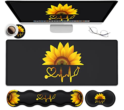 Ergonomic Mouse Pad Set, Desk Mat(31.5×11.8 in) + Keyboard Wrist Rest Support + Mouse Wrist Rest + Coasters for Office,Home,Computer,Laptop -Sunflower Nurse Pattern Black Gaming Large Mousepads - color: JV-mouse pad-8-10