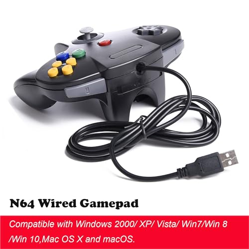 KIWITATA Classic N64 USB Controller, Retro N64 Remote Wired Joystick PC Emulator Game Controller for Windows XP 7 8 11 & Raspberry Pi 3 - color: black