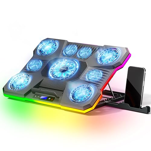 Laptop Cooling Pad, MOOJAY Laptop Cooler with 9 Quiet Fans for 14-19 Inch Notebook Computer, Gaming Laptop Fan Cooling Stand with 6 Adjustable Speeds and 10 RGB Light Modes, 2 USB Ports & Phone Holder