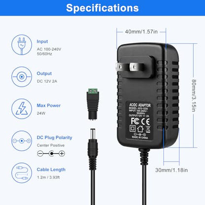 inShareplus 12V 2A Power Supply Adapter, 24W AC to DC Universal Adapter with 8 DC Tips (5.5×2.1mm), Replacement for LED Strip Lights, Router, DVR and Other 12V Devices - size: 12V2A 24W