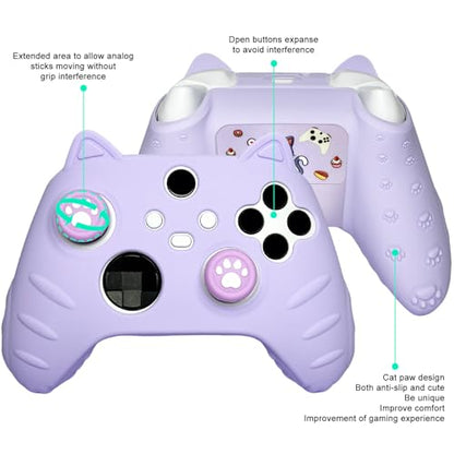 Purple Cute Cat Anti-Slip Protective Silicone Cover Skin Grips Compatible with Xbox Series X/S Controller with Stickers and 2 Thumb Paw Grip Caps Cat Paw Caps – Shockproof Dustproof