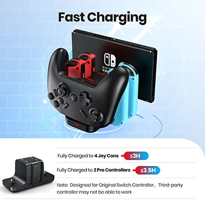 NEWDERY 6-in-1 Charger Dock for Nintendo Switch Pro Controller and Joy con | Fast Charging Dock with LED Indicators, Compatible with Nintendo Switch / OLED / Lite, Includes USB-C Charging Cable