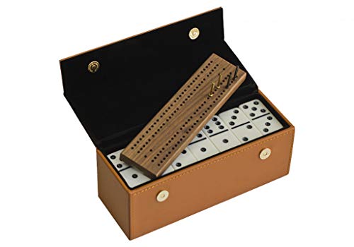 Alex Cramer Domino Set with Caramel Colored Leather Case - Professional Tournament Traveler - No Spinners Domino Set - 28 Indestructible Double Six Dominoes - style: Domino Set
