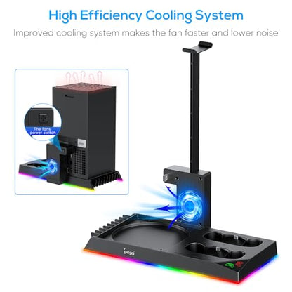 RGB Charging Stand with Cooling Fan for Xbox Series X Console & Controller | Dual Charge Station Cooler System Accessories with 15 RGB Light,2x1400mAh Rechargeable Battery,Headphone Stand,Game Disc Slot