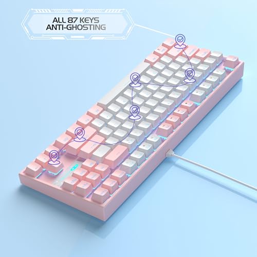 MageGee 75% Mechanical Gaming Keyboard, Red Switch, LED Blue Backlit, 87 Keys Compact TKL Wired Computer Keyboards for Windows Laptop PC Gamer - White/Pink - color: White Pink/Red Switch