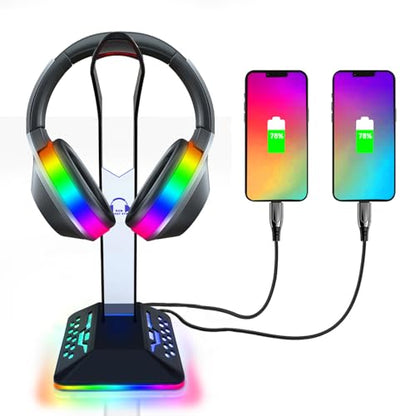 RGB Headphone Stand with 2 USB 2.0 Extension Charging Port Extender Cord,Desk Gaming Headset Holder,Cool LED Headphone Holder PC Gaming Accessories,Gamer Gifts