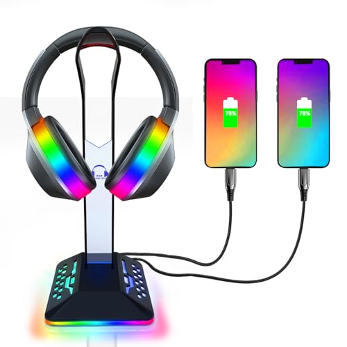 RGB Headphone Stand with 2 USB 2.0 Extension Charging Port Extender Cord,Desk Gaming Headset Holder,Cool LED Headphone Holder PC Gaming Accessories,Gamer Gifts