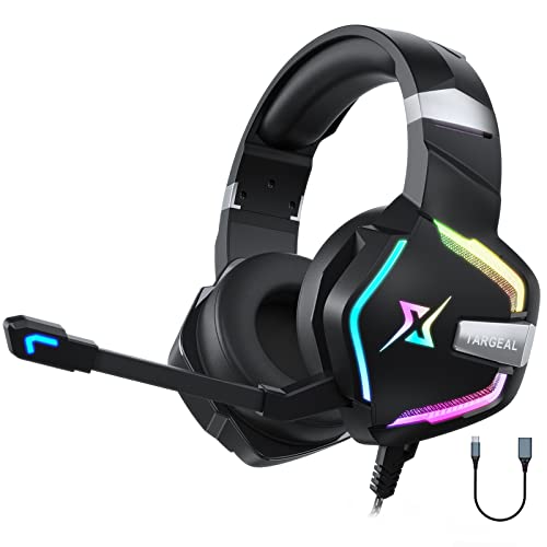 targeal 7.1 Surround Sound PC Gaming Headset for PS5 PS4 Laptop Mac Tablet Mobile, Over Ear Wired USB Gaming Headphone with Omni-Directional Noise Canceling Mic, RGB LED, with Type C Cable