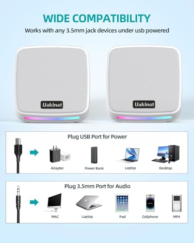 Uakinat Computer Speakers for Desktop PC, USB Powered 3.5mm Aux Speaker for PC, Laptop, Tablet, Phone, Plug and Play with Volume Control, White