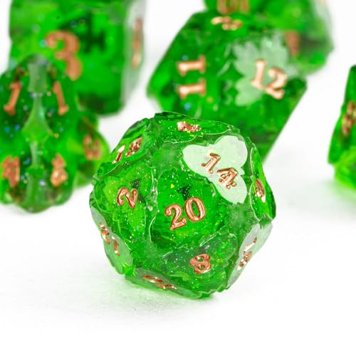 Cusdie Sharp Edge DND Dice, 7 PCS Shamrock DND Dice Set D&D D20 D12 D10 D8 D6 D4, Handcrafted Polyhedral Dice Set for RPG and Other Table Games(Green) - color: Green