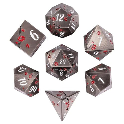 UDIXI Metal DND Dice Set Nickel, 7PCS Metal Polyhedral Dice Set for D&D RPG | Red Flower, Metal Case Packaging, Heavy Metal Dice, D&D Gift, for Dungeons and Dragons Role Playing Games Tabletop Games - color: Flower/Nicklewhite