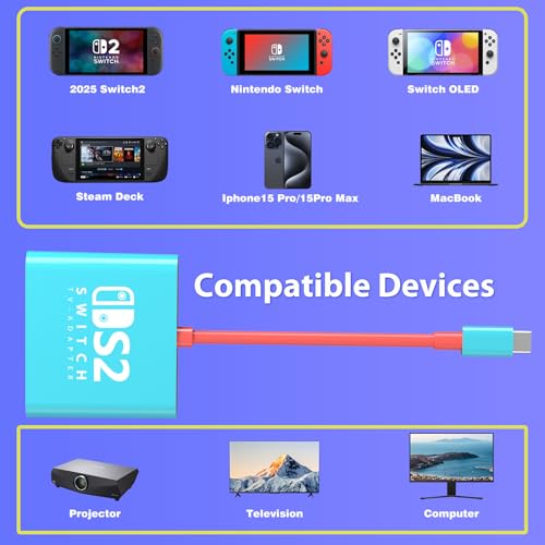 PURBHE TV Docking Station for Nintendo Switch 2 and 1 and Steam Deck, Support TV Dock Mode, Portable HDMI Adapter Accessories for Nintendo Switch 1 and OLED and 2 Dock - size: 8 Inch USB C Cable
