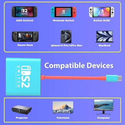 PURBHE TV Docking Station for Nintendo Switch 2 and 1 and Steam Deck, Support TV Dock Mode, Portable HDMI Adapter Accessories for Nintendo Switch 1 and OLED and 2 Dock - size: 8 Inch USB C Cable