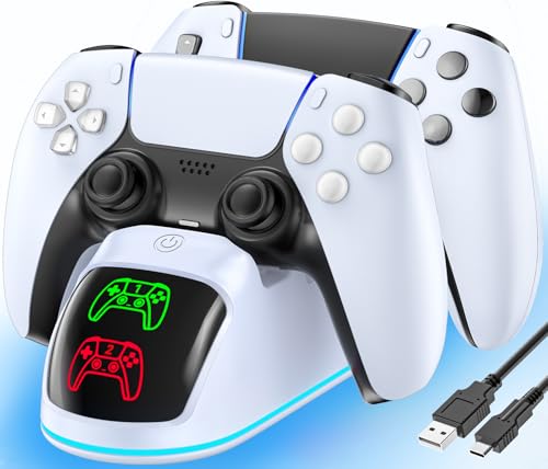 Controller Charger for PS5, Dual Charging Dock Station for PlayStation 5 Dualsense & Edge with RGB Light, Fast PS5 Dual Controller Charging Station with Cable for P5 Accessory Kit - color: White, size: PS5-8.12inch