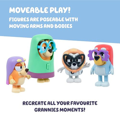Bluey Figure 4-Pack Here Come The Grannies, Episode-Themed Toys | Includes Janet, Rita, Madge, and muffin from Bluey as Gladys, with moveable arms, 2.5-3 in tall - style: Here Come The Grannies