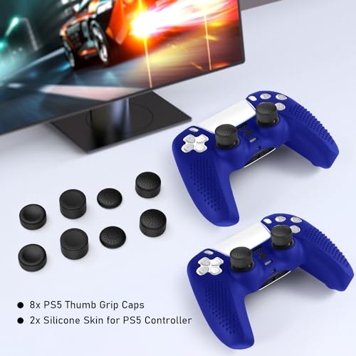 PS5 Controller Skin, Anti-Slip Soft Silicone Protective Cover Case for PlayStation 5 Controller Grip Accessories, 2 Pack with 8 x Thumb Grip Caps (Blue) - color: Blue