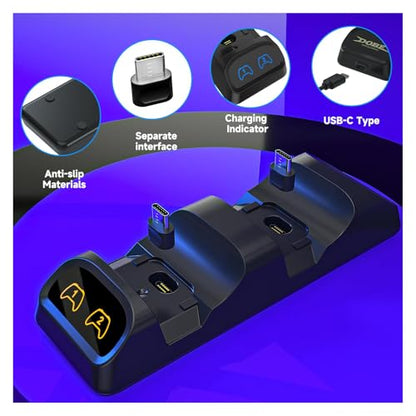Dual Controller Charger for Switch 2 Pro, Switch Pro, PS5 & Xbox Series X/S | Charges two USB-C controllers for Switch 2 Pro, Switch Pro, PS5 or Xbox Series X/S; third-party controller fit mayvary