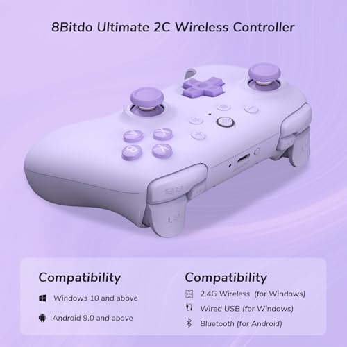 8Bitdo Ultimate 2C Wireless Controller (Hall Effect Joystick Update) for Windows PC and Android, with 1000Hz Polling Rate, Remappable L4/R4 Bumpers, Rumble Vibration and Turbo Function (Purple) - color: Purple