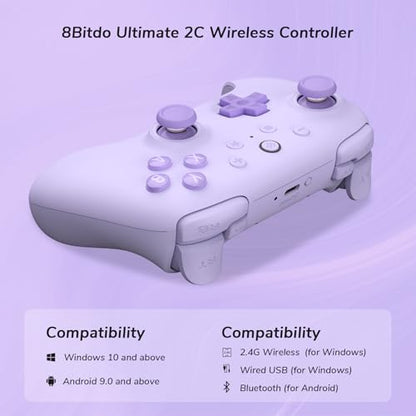 8Bitdo Ultimate 2C Wireless Controller (Hall Effect Joystick Update) for Windows PC and Android, with 1000Hz Polling Rate, Remappable L4/R4 Bumpers, Rumble Vibration and Turbo Function (Purple) - color: Purple