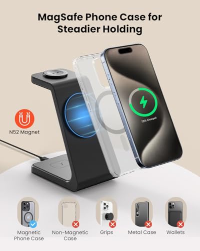 Magsafe Wireless Charging Station for iPhone: 3 in 1 15W Magnetic Portable Desktop Charging Station for iPhone17/16/15/14/13/12 Series, Apple Watch, AirPods 4/3/2/Pro - color: Matte Black