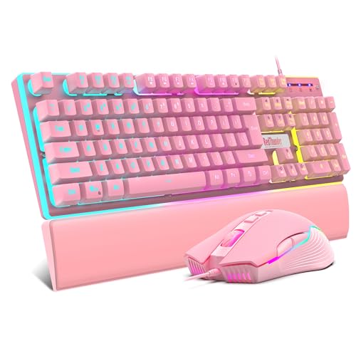 RedThunder K10 Wired Gaming Keyboard and Mouse and Wrist Rest Combo, RGB Backlit, Mechanical Feel Anti-ghosting Keyboard + 7D 7200 DPI Mice+Soft Leather Wrist Rest 3 in 1 PC Gamer Accessories(Pink) - color: Pink