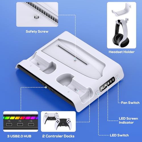 FASTSNAIL Cooling Station with Controller Charger for PS5/Slim/Pro Console | Vertical Cooling Stand, Fast Charger 2 Controllers, 3 Efficient Fans, 9 RGB Light Modes, Headset Hook for PS5 Accessories Kit