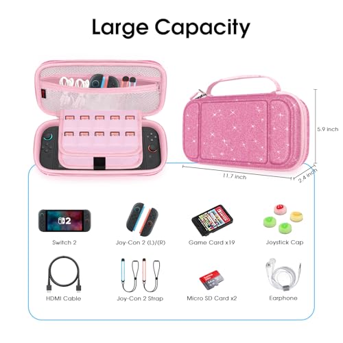 FINTIE Carrying Case for Nintendo Switch 2 (2025), Shockproof Hard Shell Switch 2 Case, Protective Cover Travel Bag with 19 Game Card & 2 Micro SD Card Slots & Inner Pocket, Glittering Pink - color: Glittering Pink