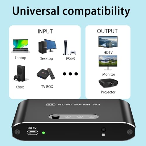 HDMI 2.1 Switch 3 in 1 Out,8K HDMI Splitter Switcher,Supports 4K@120Hz,8K@60Hz, 48Gbps Ultra HD HDMI Box, Aluminum Shell, Compatible with PS4/PS5, Xbox, Fire Stick, Apple TV, Roku, HD TV. - color: 8KBlack