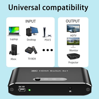 HDMI 2.1 Switch 3 in 1 Out,8K HDMI Splitter Switcher,Supports 4K@120Hz,8K@60Hz, 48Gbps Ultra HD HDMI Box, Aluminum Shell, Compatible with PS4/PS5, Xbox, Fire Stick, Apple TV, Roku, HD TV. - color: 8KBlack