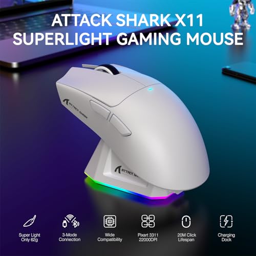 ATTACK SHARK X11 Wireless Gaming Mouse, PAW3311 Sensor, Lightweight, RGB Charging Dock, 22,000 DPI, Tri-Mode Connectivity, 5 Programmable Buttons - White - color: White, size: Mouse only