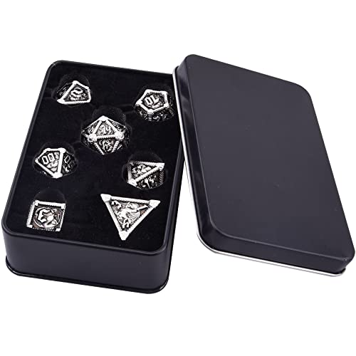 AUSTOR 7-Die Metal DND Dice Set Dungeons and Dragons Polyhedral Roll Playing Dice with Box D20 D12 D10 D% D8 D6 D4 for Pathfinder MTG RPG Board Games - color: Black With Silver Edge
