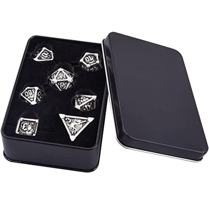 AUSTOR 7-Die Metal DND Dice Set Dungeons and Dragons Polyhedral Roll Playing Dice with Box D20 D12 D10 D% D8 D6 D4 for Pathfinder MTG RPG Board Games - color: Black With Silver Edge