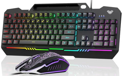 AULA Gaming Keyboard, T102 104 Keys Gaming Keyboard and Mouse Combo with RGB Backlit, All-Metal Panel, Anti-Ghosting, PC Game Keyboard and Mouse, USB Wired Keyboard Mouse for MAC Xbox PC Gamers - color: Black Keycaps + Black Panel