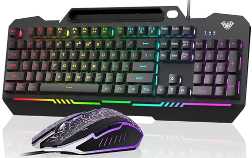 AULA Gaming Keyboard, T102 104 Keys Gaming Keyboard and Mouse Combo with RGB Backlit, All-Metal Panel, Anti-Ghosting, PC Game Keyboard and Mouse, USB Wired Keyboard Mouse for MAC Xbox PC Gamers - color: Black Keycaps + Black Panel
