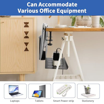 LUKETURE Desk Side Storage, Under Desk Laptop Mount with Cable Tray | 2-in-1 Steel laptop mount clamps to desk side, no drilling. Built-in cable tray hides cords. Holds 30 lbs, Office and Home