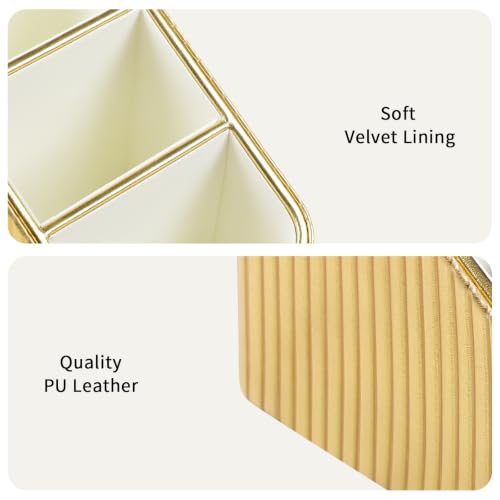 Remote Control Holder, PU Leather Nightstand Organizer Bedside Caddy with 3 Compartments, Small Desk Organizer for Remote/Pen/Glasses/Phone (Gold) - color: Gold