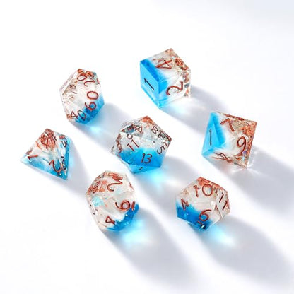 Haxtec Ocean Landscape DND Dice Set Sharp Edge Resin Polyhedral Dice, Sea D&D Dice with Metal Case, Handmade Gold Flake Inside Dice Set for Dungeons and Dragons TTRPG, Blue White Copper DND Gift - color: Blue White