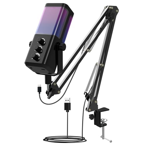 M7 USB Gaming Microphone with Boom Arm - Professional RGB Condenser Mic for PC/PS5 - Triple-Knob Control (Mic Gain, Headphone Vol, Monitor Mix) - Zero Latency Streaming Kit Mic Black - color: M7 arm stand